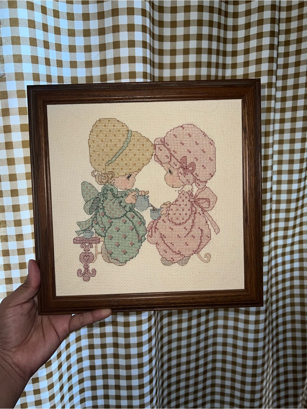 Framed Vintage Cross Stitch of Two Girls in Pastel Pink and Mint